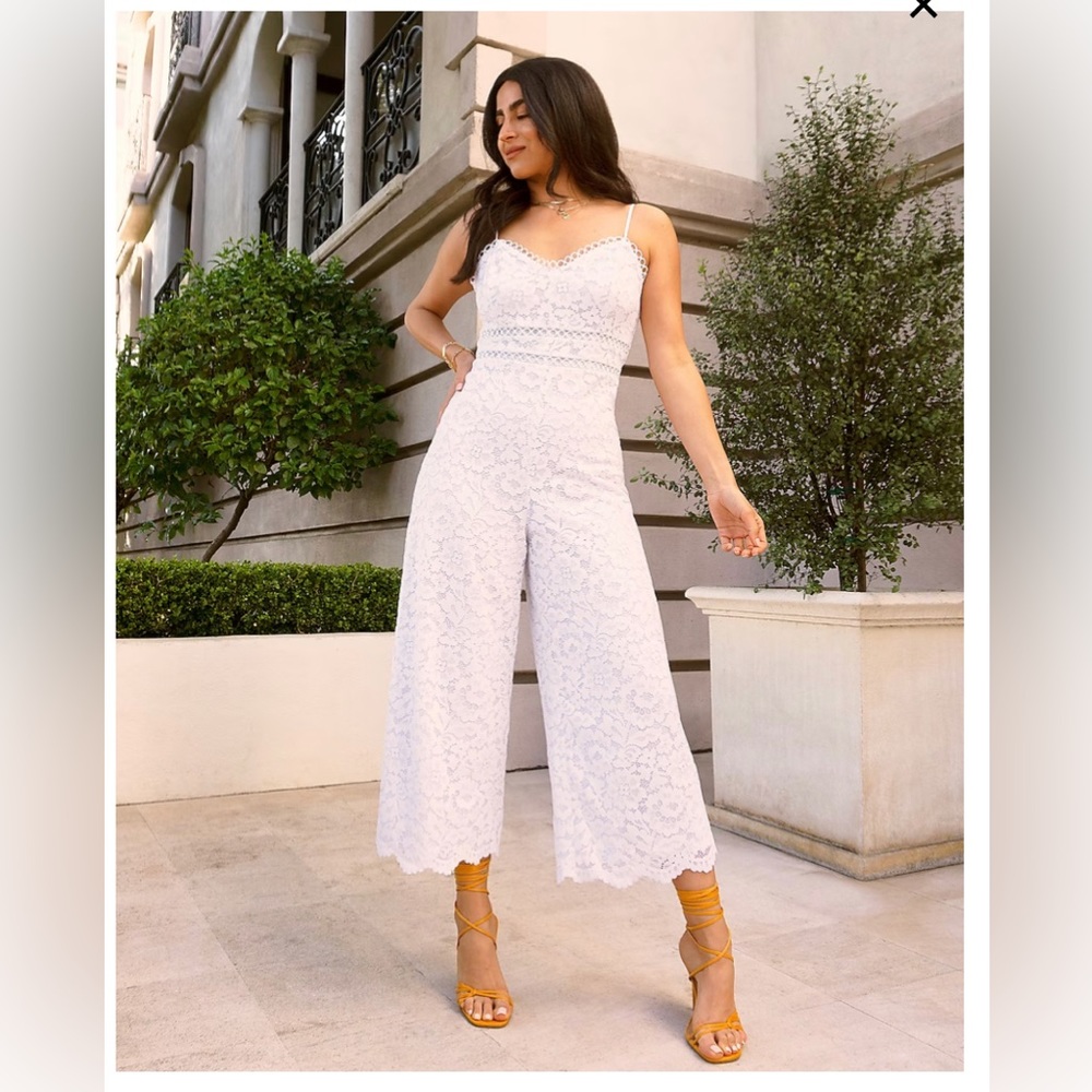 Express White Lace Eyelet V-Neck Jumpsuit